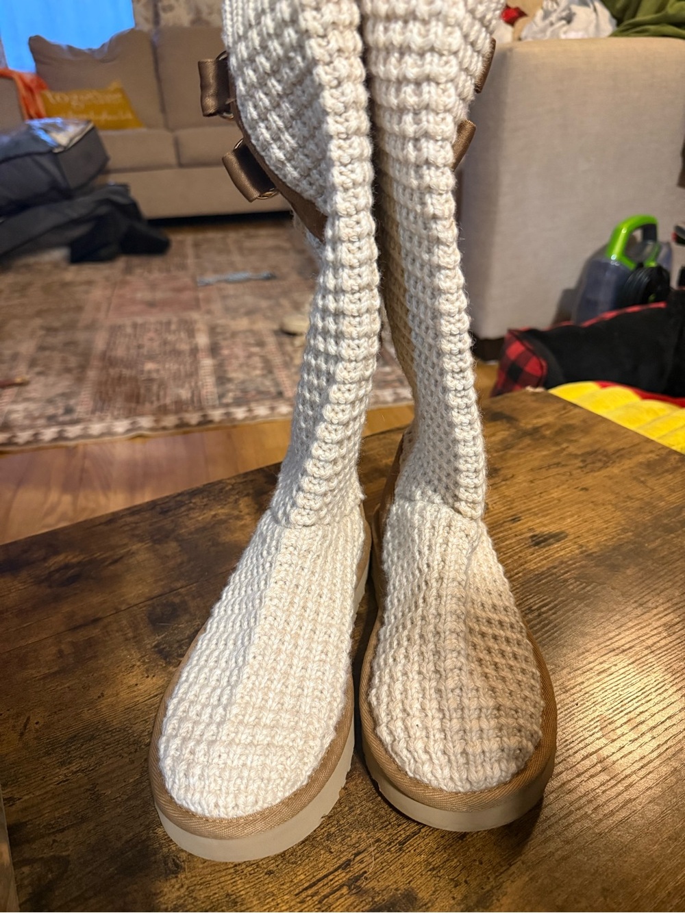 UGG Cream Knit Tall Boot with Chestnut Trim
